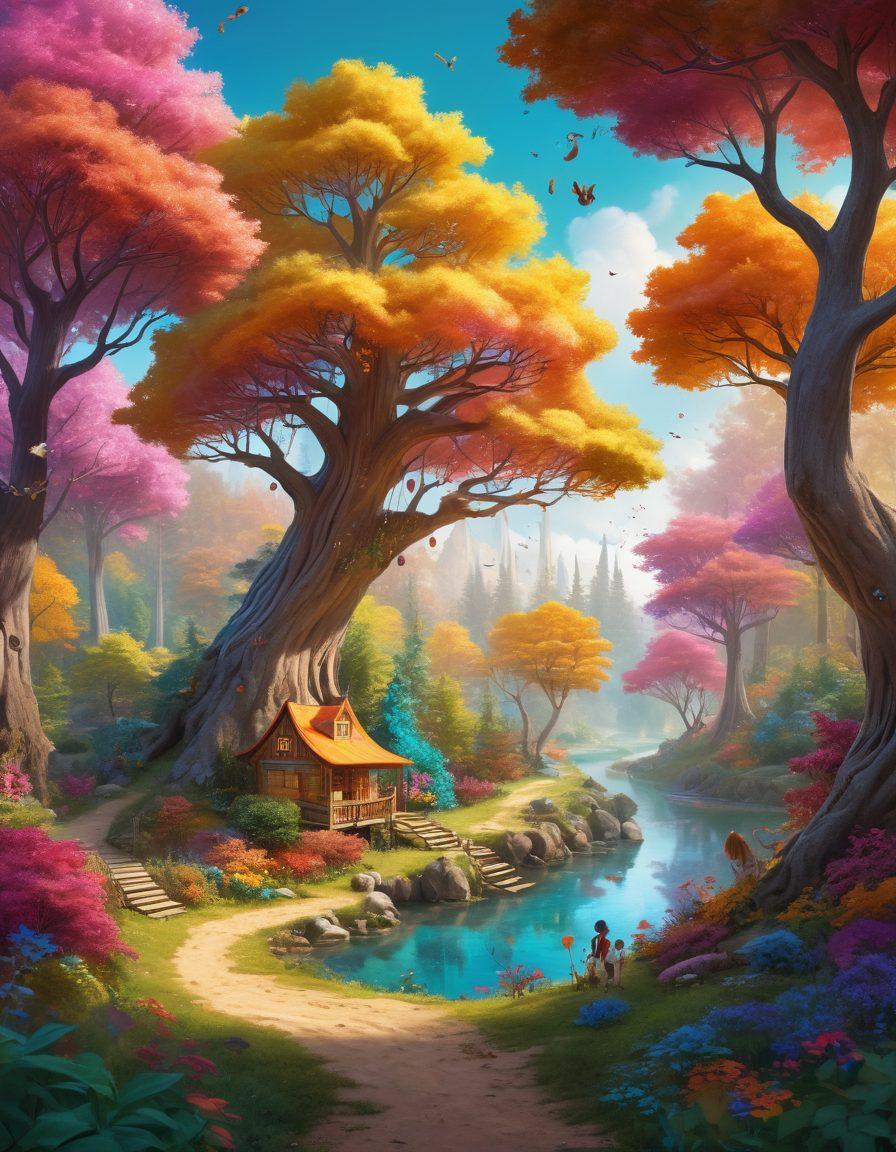 A whimsical landscape featuring a vibrant storybook forest filled with colorful trees, magical creatures, and playful children engaged in imaginative storytelling. Include floating story elements like books, fairy dust, and oversized toys that evoke a sense of joy and adventure. The scene should radiate warmth, curiosity, and playful energy. super-realistic. vibrant colors. children's illustration style.