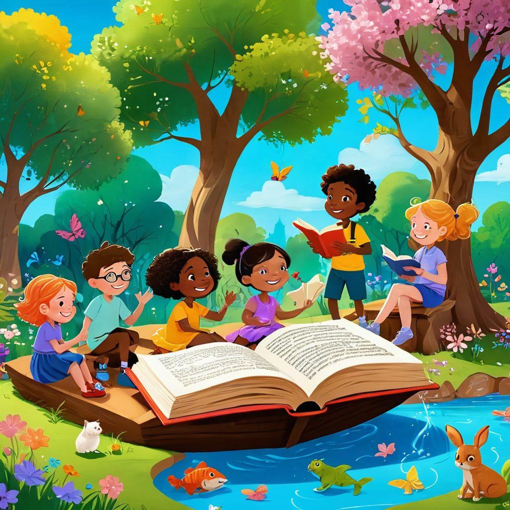 A whimsical scene depicting children of diverse backgrounds joyfully engaged in storytelling, surrounded by magical elements like floating books, enchanted creatures, and vibrant colors. The setting is a sunny park with trees and blossoms, creating an atmosphere of playful imagination. Include illustrated, animated-style characters with expressive faces to convey joy and wonder. bright colors. cartoon style. playful theme.