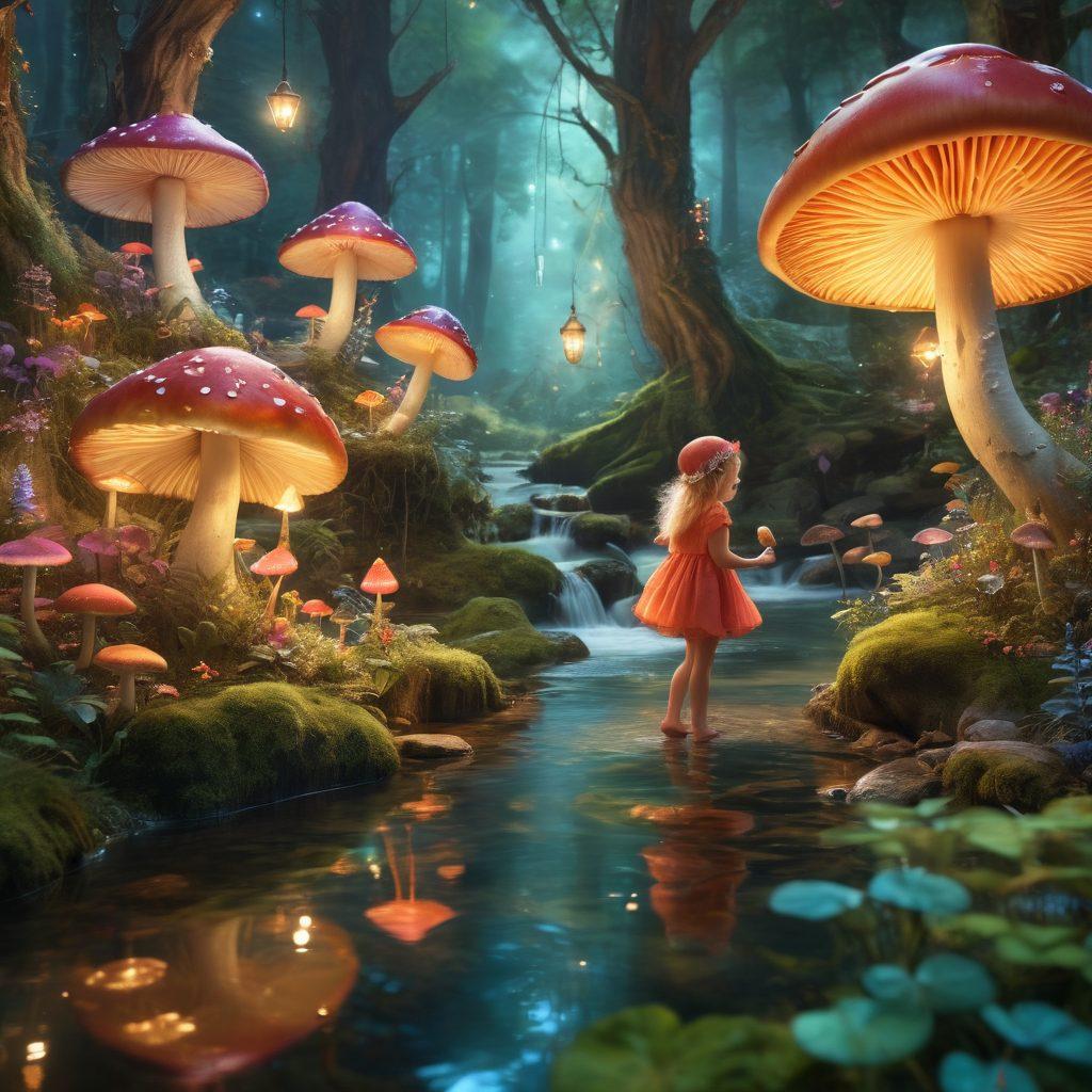 A whimsical landscape filled with vibrant colors, featuring a magical forest with oversized mushrooms, playful fairies fluttering among twinkling lights, and a sparkling river flowing through. In the foreground, children joyfully engaged in imaginative play with fantastical creatures. The scene is both inviting and enchanting, sparking the imagination. super-realistic. vibrant colors. dreamy atmosphere.